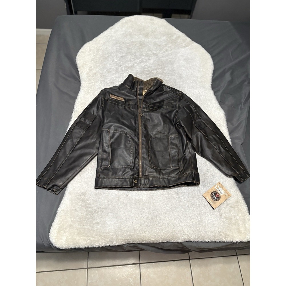 Hawke & Co. Faux Leather Jacket Bomber Brown Boys 18/20 Aviator Sherpa Lined